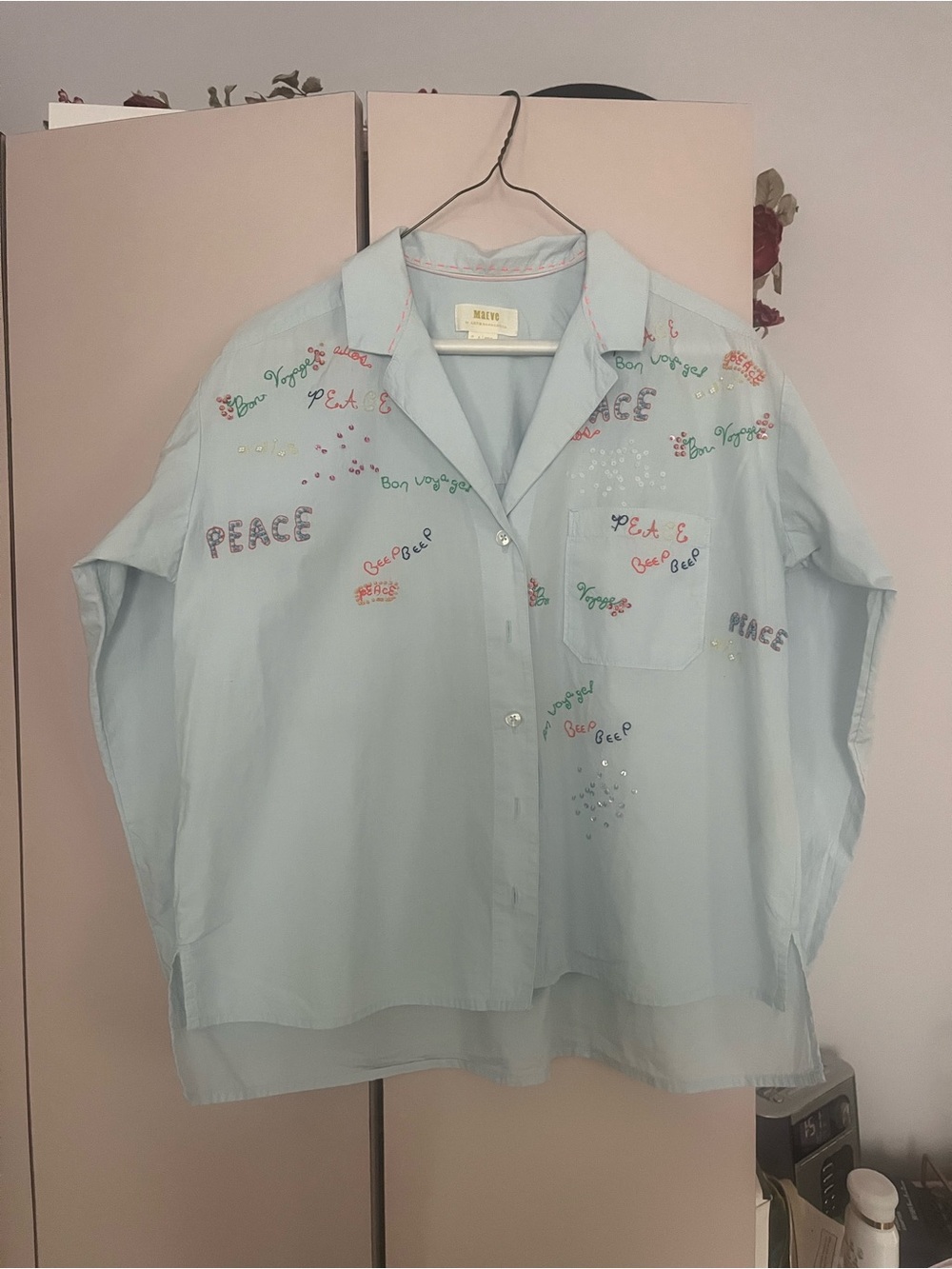 Anthropologie Maeve Light Blue Shirt with Neon Pink Stitching